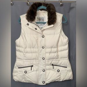 Eddie Bauer Ivory Quilted Puffer Goose Down Vest M Faux Fur Collar with Pockets